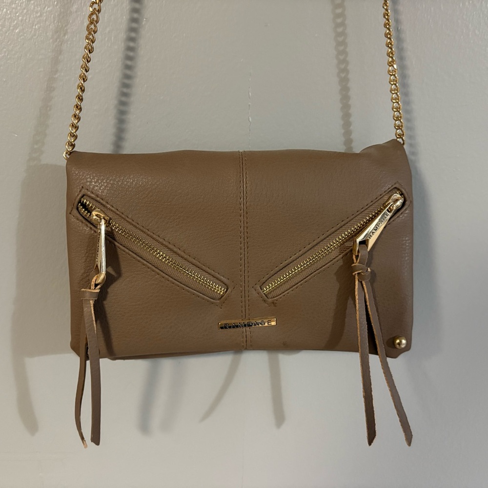 Tan Leather Crossbody Purse with Gold Chain